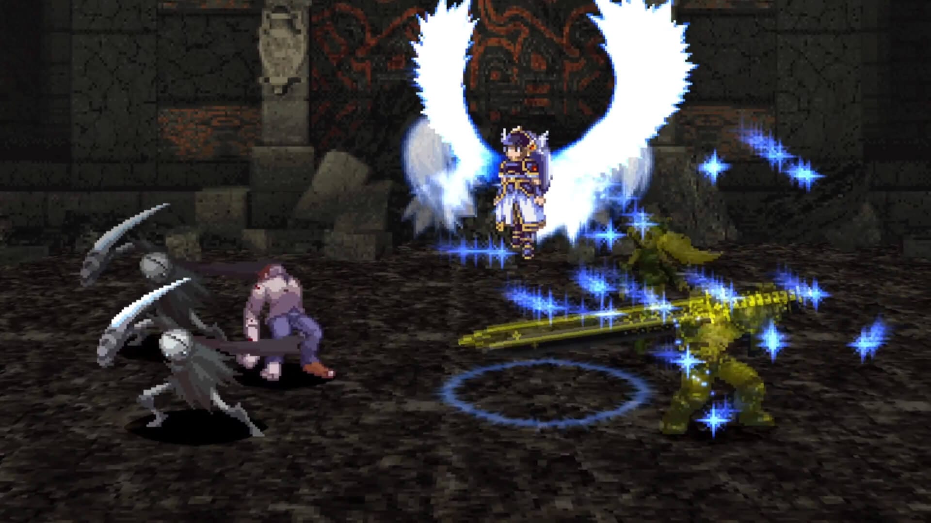 Lenneth floating above the air in combat with enemies in Valkyrie Profile: Lenneth